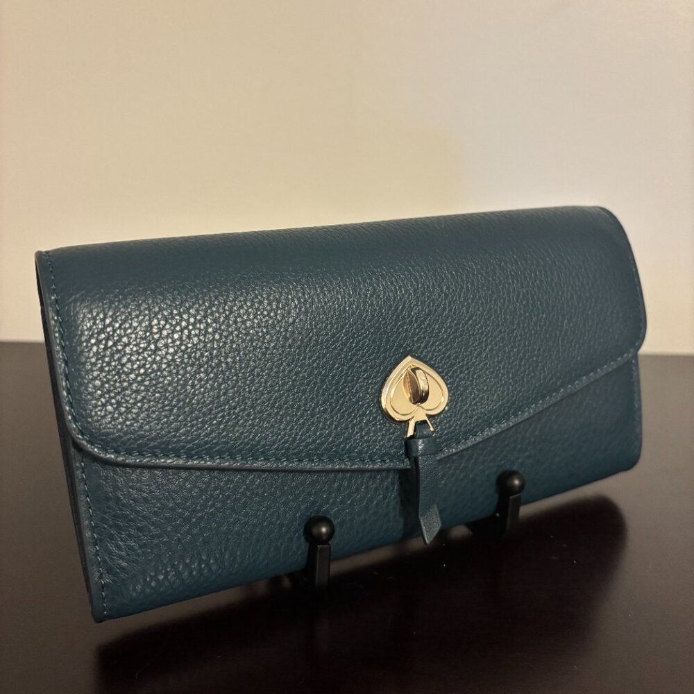 Kate Spade Marti Dark Blue Green Pebbled Leather Large Slim Flap Wallet - Picture 2 of 10